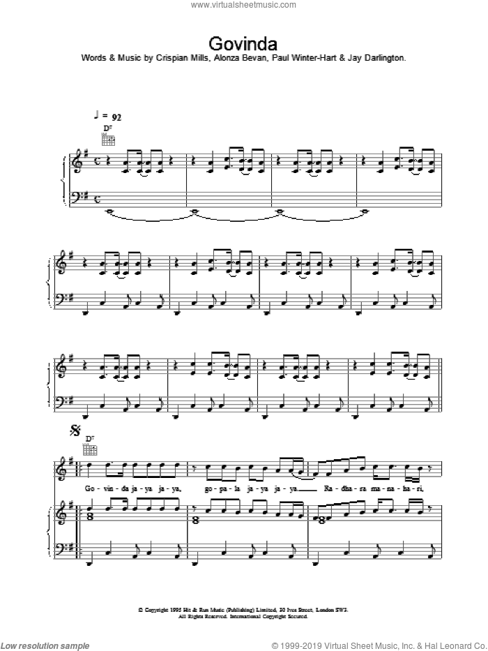 Govinda sheet music for voice, piano or guitar by Kula Shaker, intermediate skill level