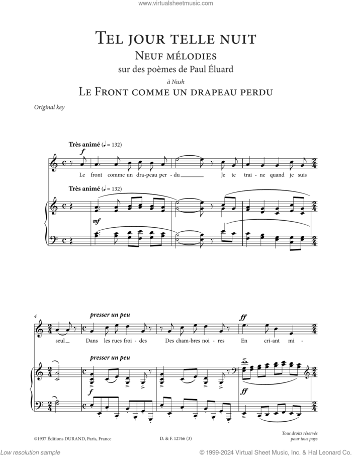 Le front comme un drapeau perdu (High Voice) sheet music for voice and piano (High Voice) by Francis Poulenc and Paul Eluard, classical score, intermediate skill level