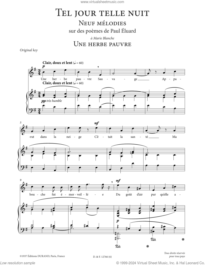 Une herbe pauvre (High Voice) sheet music for voice and piano (High Voice) by Francis Poulenc and Paul Eluard, classical score, intermediate skill level