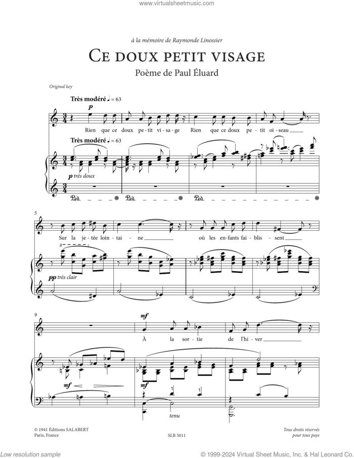 Ce doux petit visage (High Voice) sheet music for voice and piano (High Voice) by Francis Poulenc and Paul Eluard, classical score, intermediate skill level