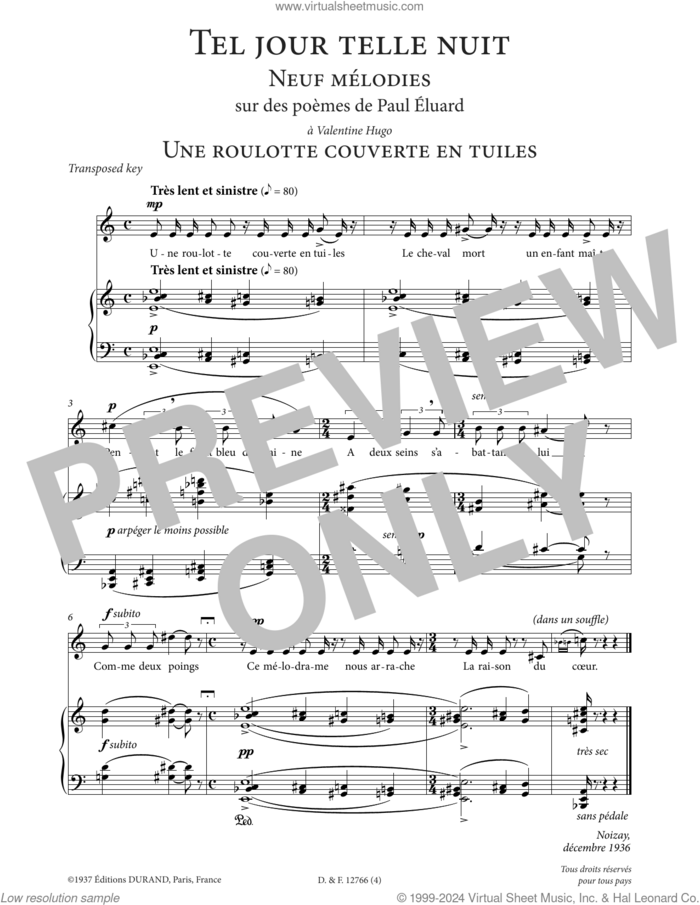 Une roulotte couverte en tuiles (High Voice) sheet music for voice and piano (High Voice) by Francis Poulenc and Paul Eluard, classical score, intermediate skill level