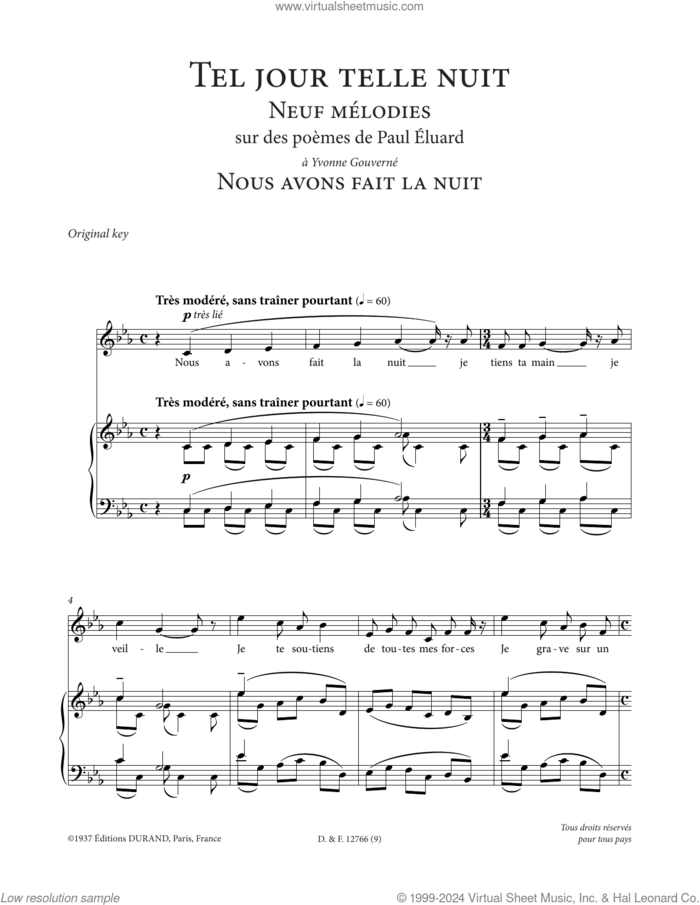 Nous avons fait la nuit (High Voice) sheet music for voice and piano (High Voice) by Francis Poulenc and Paul Eluard, classical score, intermediate skill level