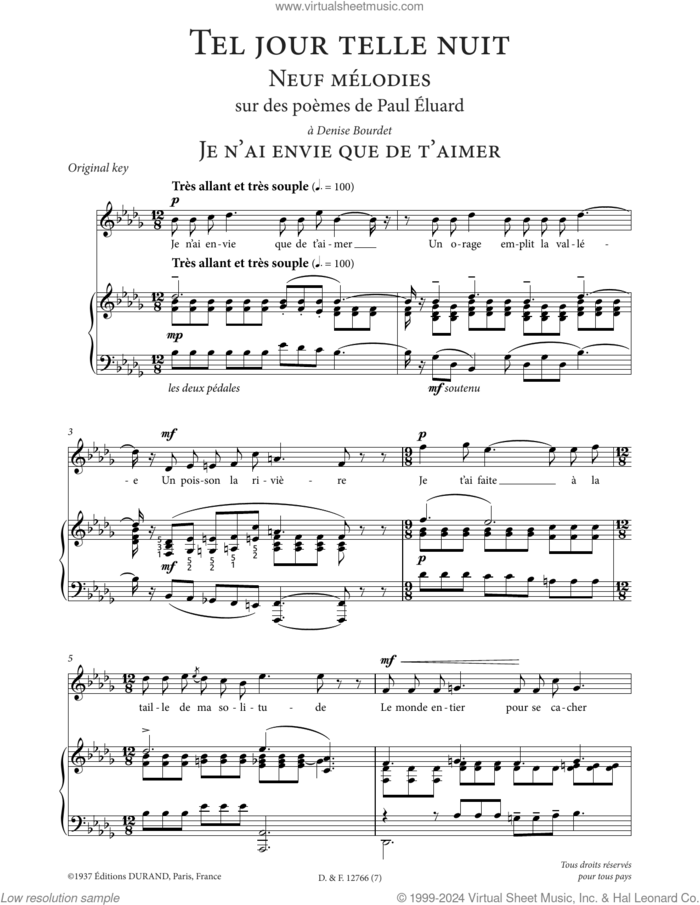 Je n'ai envie que de t'aimer (High Voice) sheet music for voice and piano (High Voice) by Francis Poulenc and Paul Eluard, classical score, intermediate skill level