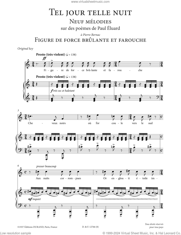 Figure de force brulante et farouche (High Voice) sheet music for voice and piano (High Voice) by Francis Poulenc and Paul Eluard, classical score, intermediate skill level