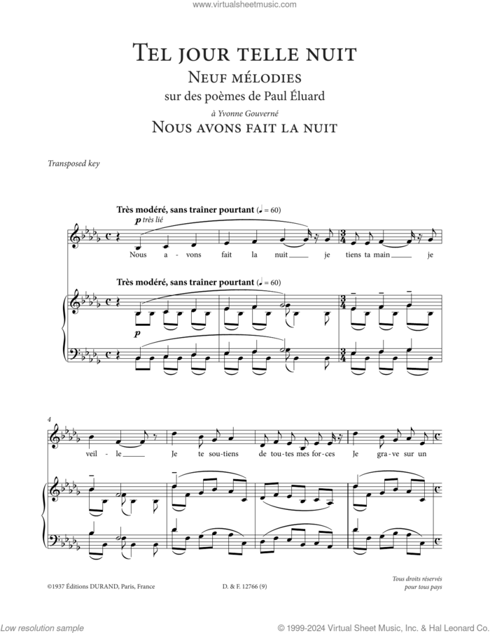 Nous avons fait la nuit (Low Voice) sheet music for voice and piano (Low Voice) by Francis Poulenc and Paul Eluard, classical score, intermediate skill level
