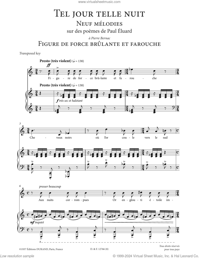Figure de force brulante et farouche (Low Voice) sheet music for voice and piano (Low Voice) by Francis Poulenc and Paul Eluard, classical score, intermediate skill level