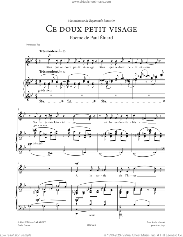 Ce doux petit visage (Low Voice) sheet music for voice and piano (Low Voice) by Francis Poulenc and Paul Eluard, classical score, intermediate skill level