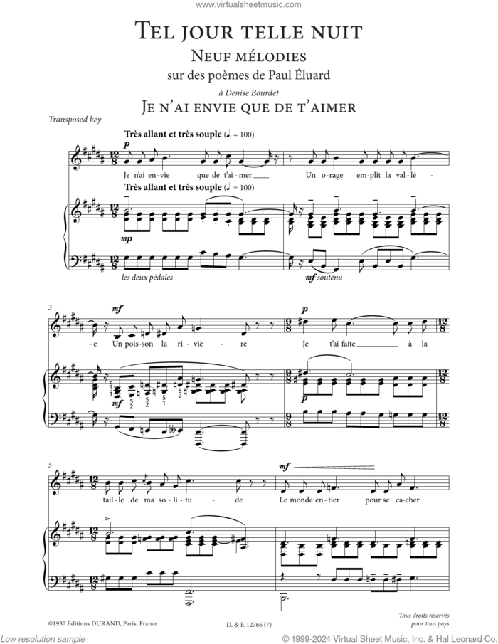 Je n'ai envie que de t'aimer (Low Voice) sheet music for voice and piano (Low Voice) by Francis Poulenc and Paul Eluard, classical score, intermediate skill level