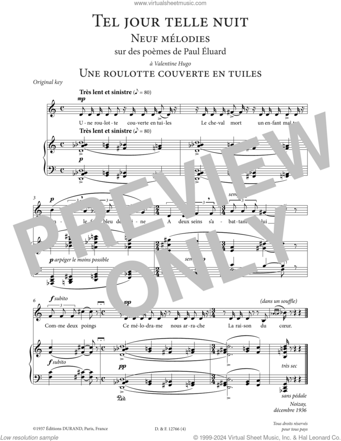 Une roulotte couverte en tuiles (Low Voice) sheet music for voice and piano (Low Voice) by Francis Poulenc and Paul Eluard, classical score, intermediate skill level