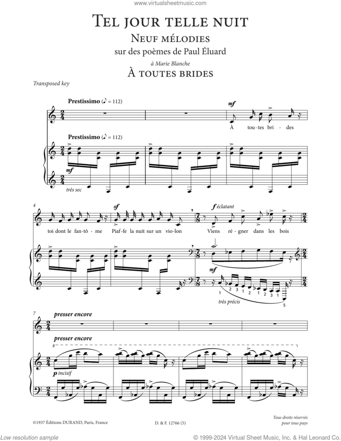 A toutes brides (Low Voice) sheet music for voice and piano (Low Voice) by Francis Poulenc and Paul Eluard, classical score, intermediate skill level