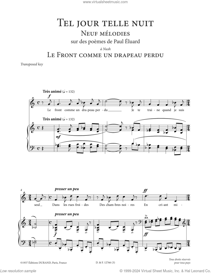 Le front comme un drapeau perdu (Low Voice) sheet music for voice and piano (Low Voice) by Francis Poulenc and Paul Eluard, classical score, intermediate skill level