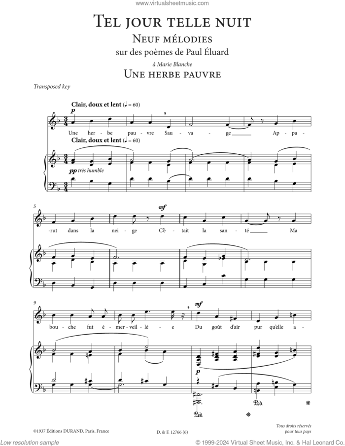 Une herbe pauvre (Low Voice) sheet music for voice and piano (Low Voice) by Francis Poulenc and Paul Eluard, classical score, intermediate skill level