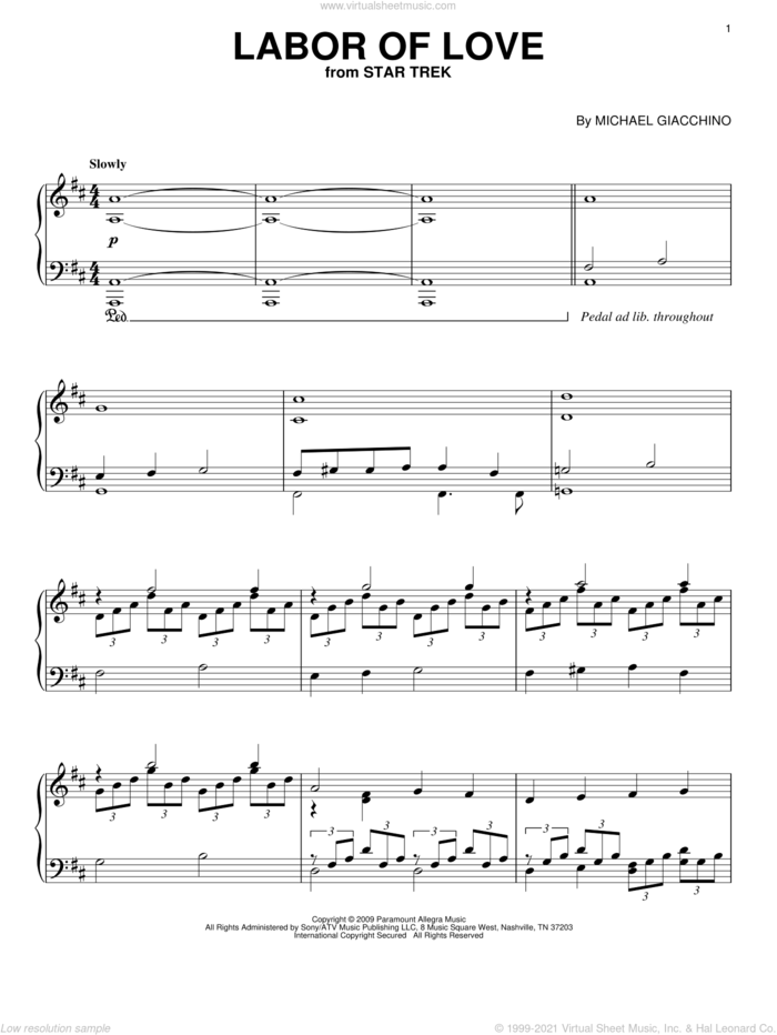 Labor Of Love sheet music for piano solo by Michael Giacchino and Star Trek(R), intermediate skill level