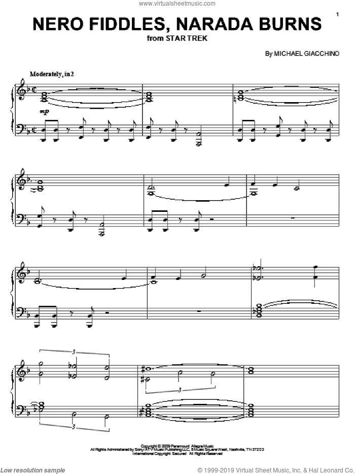 Nero Fiddles, Narada Burns sheet music for piano solo by Michael Giacchino and Star Trek(R), intermediate skill level