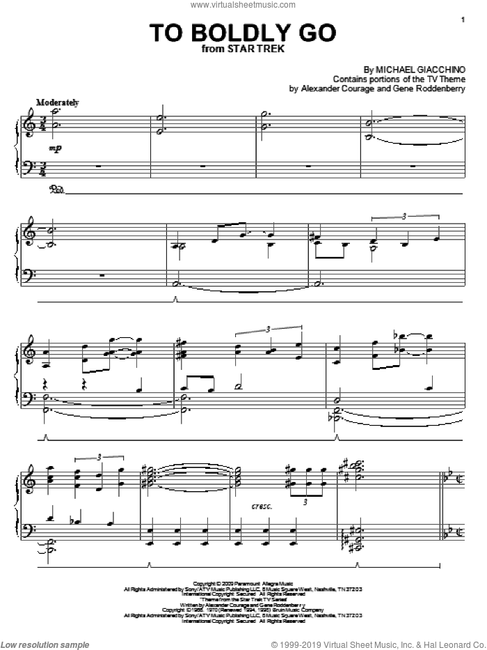 To Boldly Go sheet music for piano solo by Michael Giacchino, Star Trek(R), Alexander Courage and Gene Roddenberry, intermediate skill level