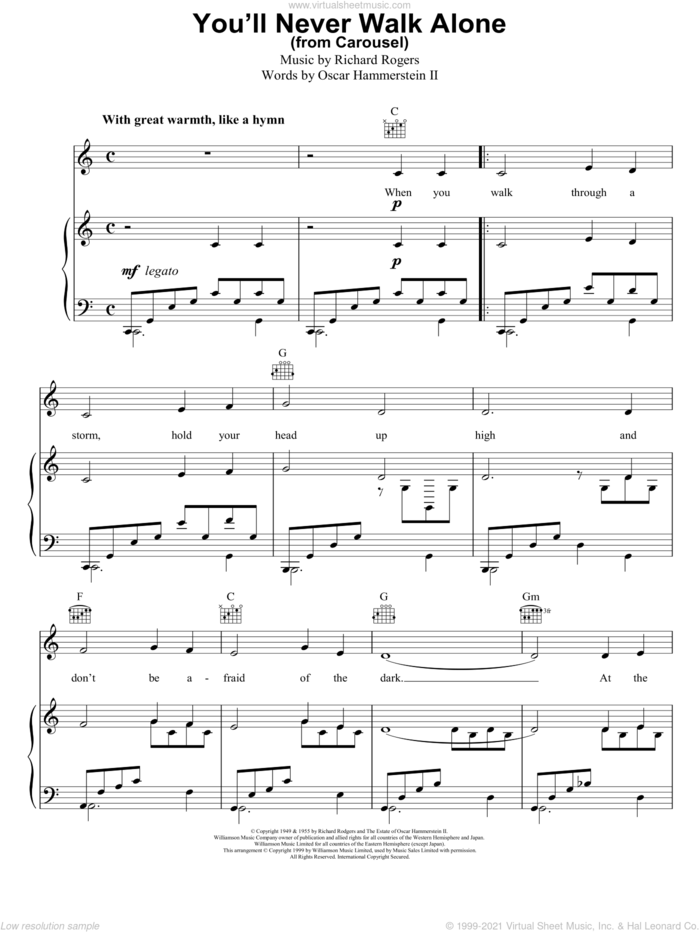 You'll Never Walk Alone (from Carousel) sheet music for voice, piano or guitar by Rodgers & Hammerstein, Carousel (Musical), Oscar II Hammerstein and Richard Rodgers, wedding score, intermediate skill level