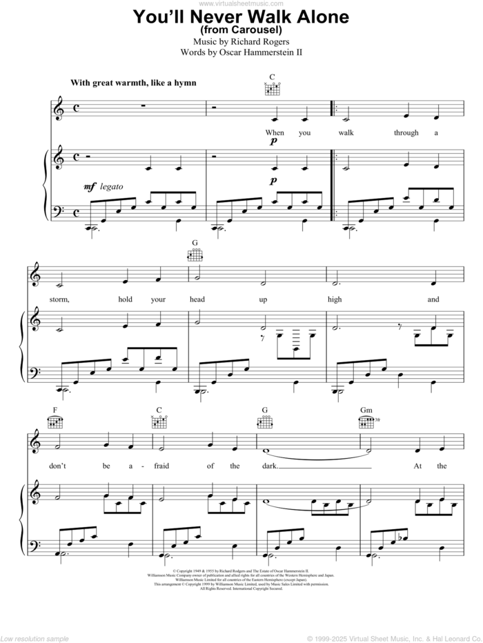 You'll Never Walk Alone (from Carousel) sheet music for voice, piano or guitar by Rodgers & Hammerstein, Carousel (Musical), Oscar II Hammerstein and Richard Rodgers, wedding score, intermediate skill level