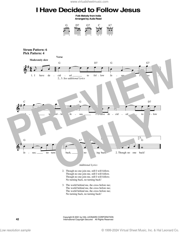 I Have Decided To Follow Jesus sheet music for guitar solo (chords) by Auila Read and Folk Melody From India, easy guitar (chords)