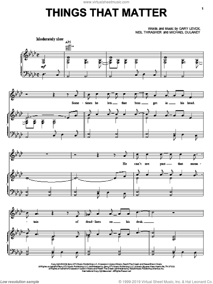 Things That Matter sheet music for voice, piano or guitar by Rascal Flatts, Gary Levox, Michael Dulaney and Neil Thrasher, intermediate skill level