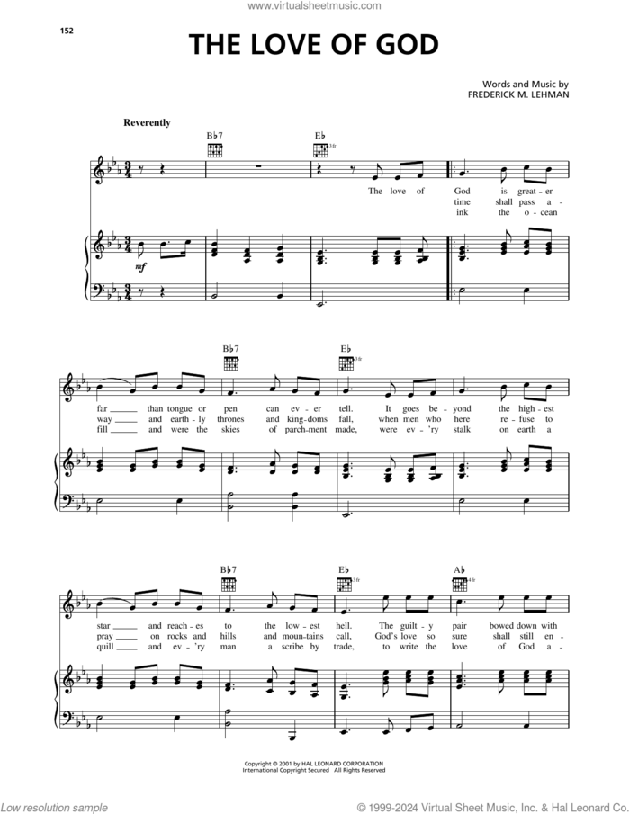 The Love Of God sheet music for voice, piano or guitar by Frederick M. Lehman, intermediate skill level