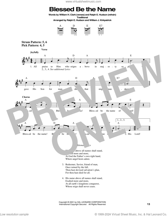 Blessed Be The Name sheet music for guitar solo (chords) by William J. Kirkpatrick, Ralph Hudson and William H. Clark, easy guitar (chords)