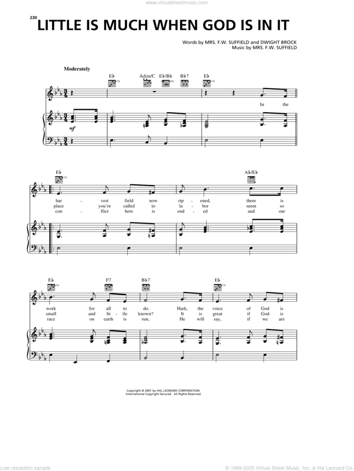 Little Is Much When God Is In It sheet music for voice, piano or guitar by Mrs. F.W. Suffield and Dwight Brock, intermediate skill level