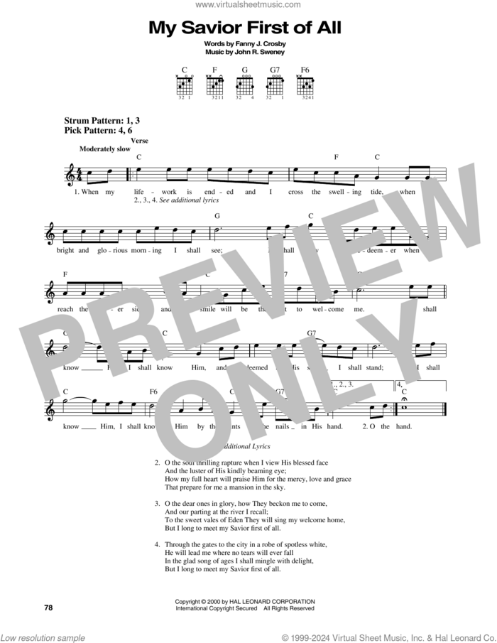 My Savior First Of All sheet music for guitar solo (chords) by Fanny J. Crosby and John R. Sweney, easy guitar (chords)