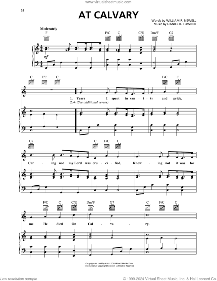 At Calvary sheet music for voice, piano or guitar by William R. Newell and Daniel B. Towner, intermediate skill level