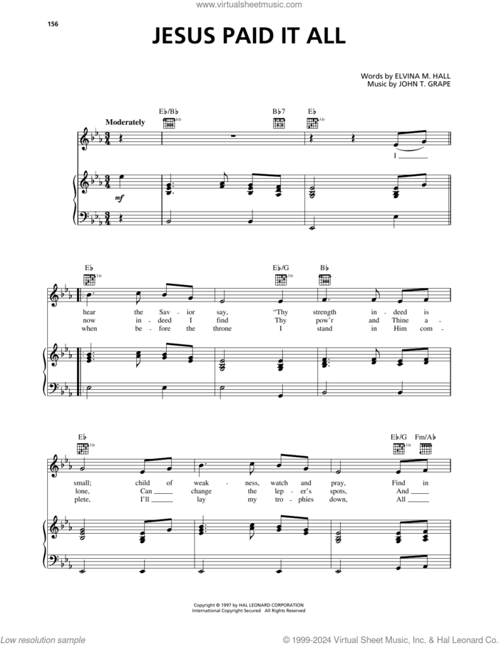 Jesus Paid It All sheet music for voice, piano or guitar by Elvina M. Hall and John T. Grape, intermediate skill level