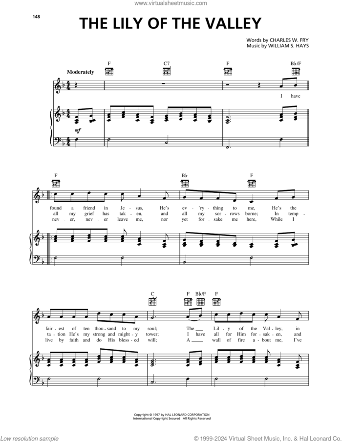 The Lily Of The Valley sheet music for voice, piano or guitar by Charles W. Fry and William S. Hays, intermediate skill level