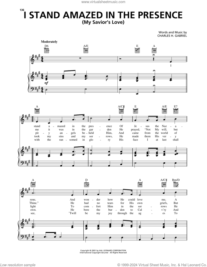 I Stand Amazed In The Presence (My Savior's Love) sheet music for voice, piano or guitar by Charles H. Gabriel, intermediate skill level