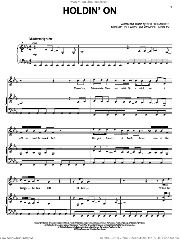 Holdin' On sheet music for voice, piano or guitar by Rascal Flatts, Michael Dulaney, Neil Thrasher and Wendell Mobley, intermediate skill level