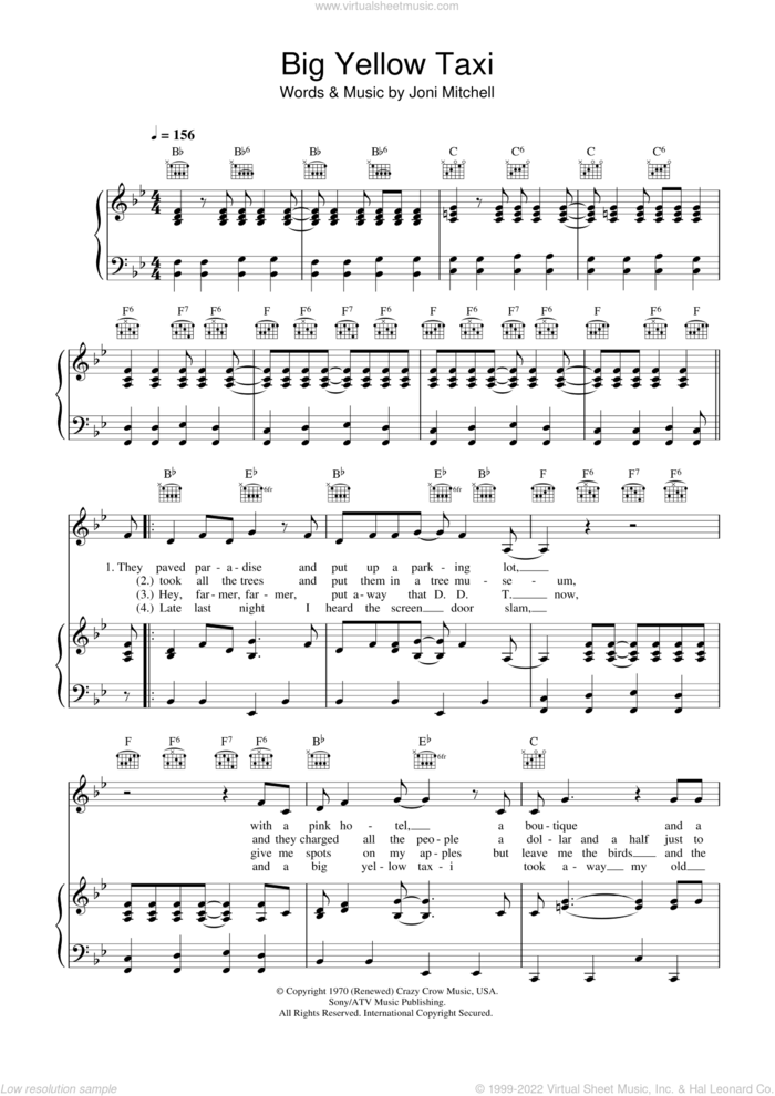 Big Yellow Taxi sheet music for voice, piano or guitar by Joni Mitchell, intermediate skill level
