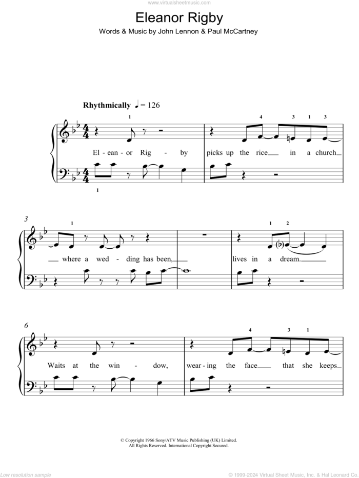 Eleanor Rigby, (easy) sheet music for piano solo by The Beatles, John Lennon and Paul McCartney, easy skill level