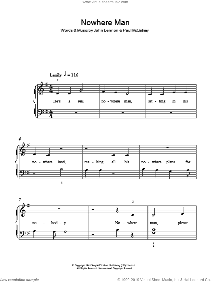 Nowhere Man, (easy) sheet music for piano solo by The Beatles, John Lennon and Paul McCartney, easy skill level