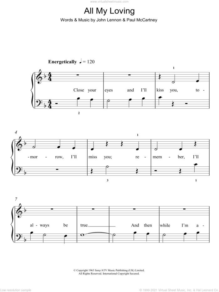 All My Loving, (easy) sheet music for piano solo by The Beatles, John Lennon and Paul McCartney, easy skill level