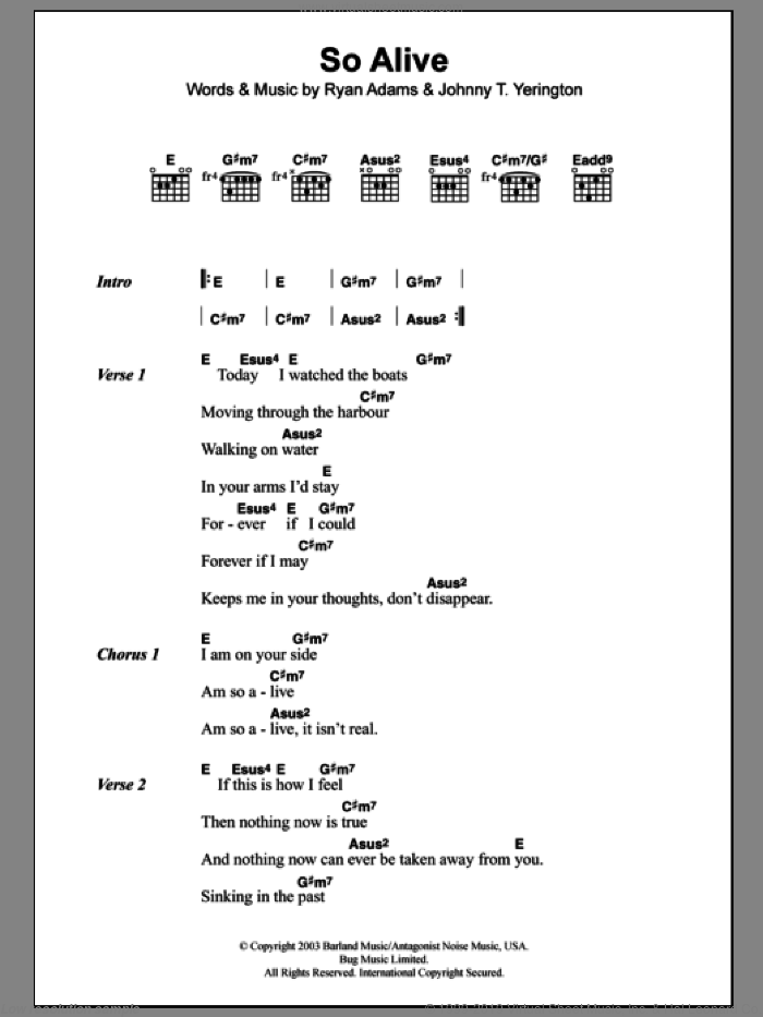 So Alive sheet music for guitar (chords) by Ryan Adams and Johnny T. Yerington, intermediate skill level