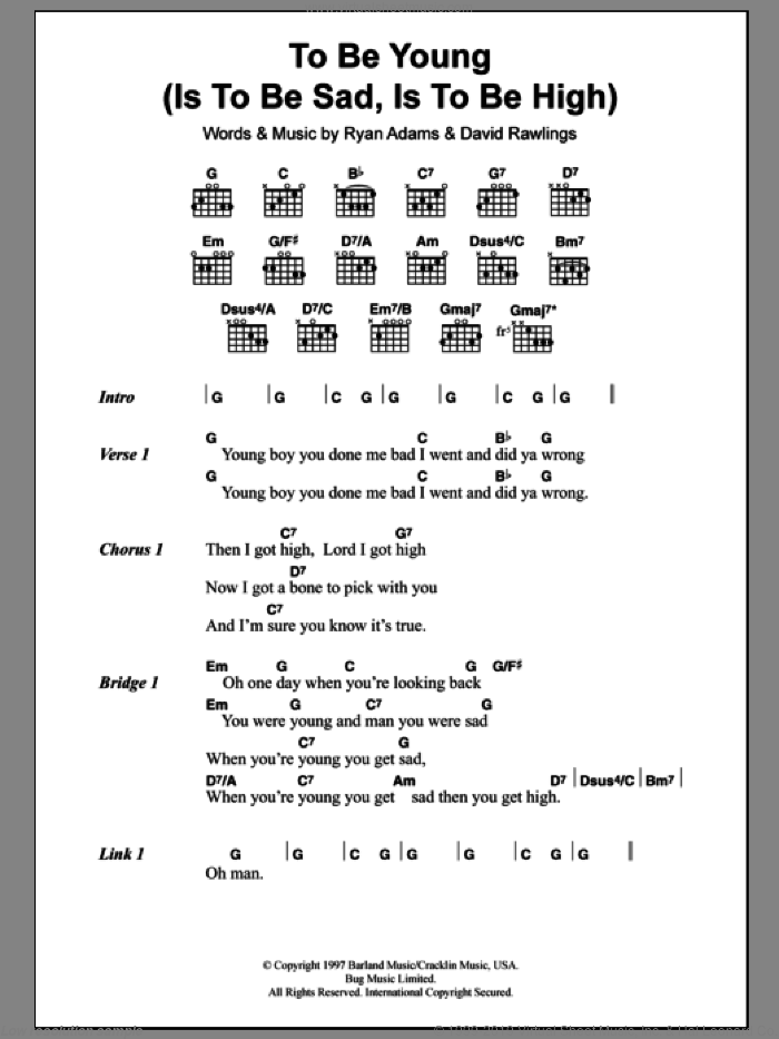 To Be Young (Is To Be Sad, Is To Be High) sheet music for guitar (chords) by Ryan Adams and David Rawlings, intermediate skill level