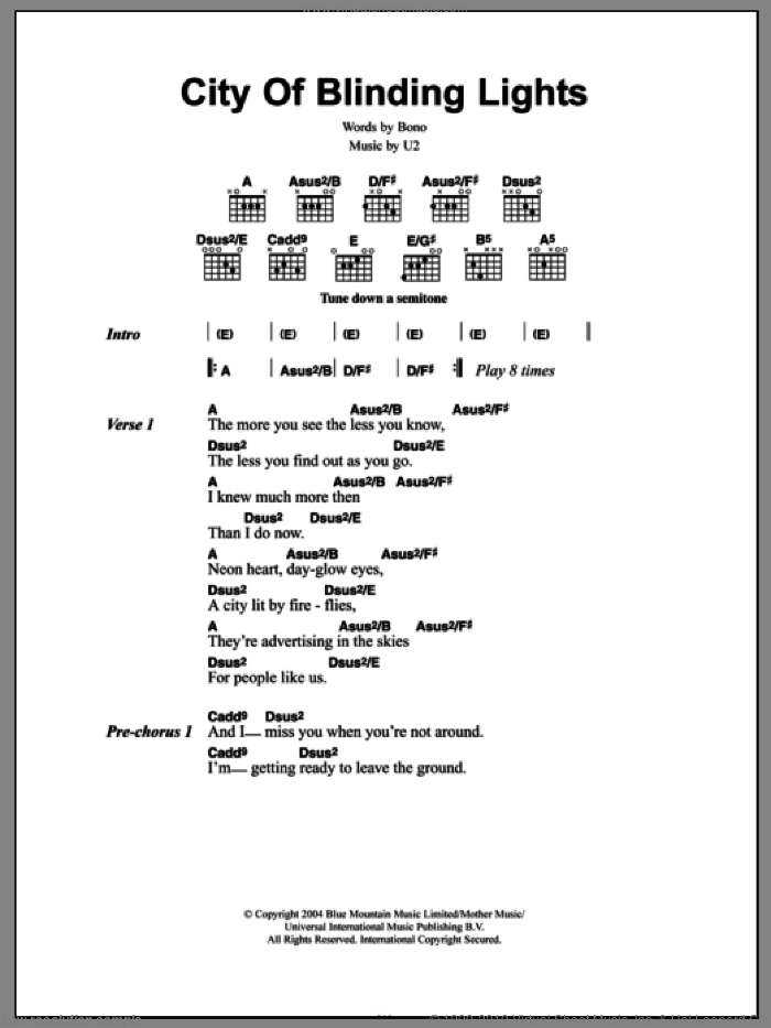 City Of Blinding Lights sheet music for guitar (chords) by U2 and Bono, intermediate skill level