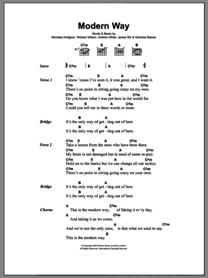 Modern Way sheet music for guitar (chords) by Kaiser Chiefs, Andrew White, James Rix, Nicholas Baines, Nicholas Hodgson and Richard Wilson, intermediate skill level