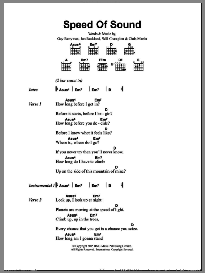 Speed Of Sound sheet music for guitar (chords) by Coldplay, Chris Martin, Guy Berryman, Jon Buckland and Will Champion, intermediate skill level