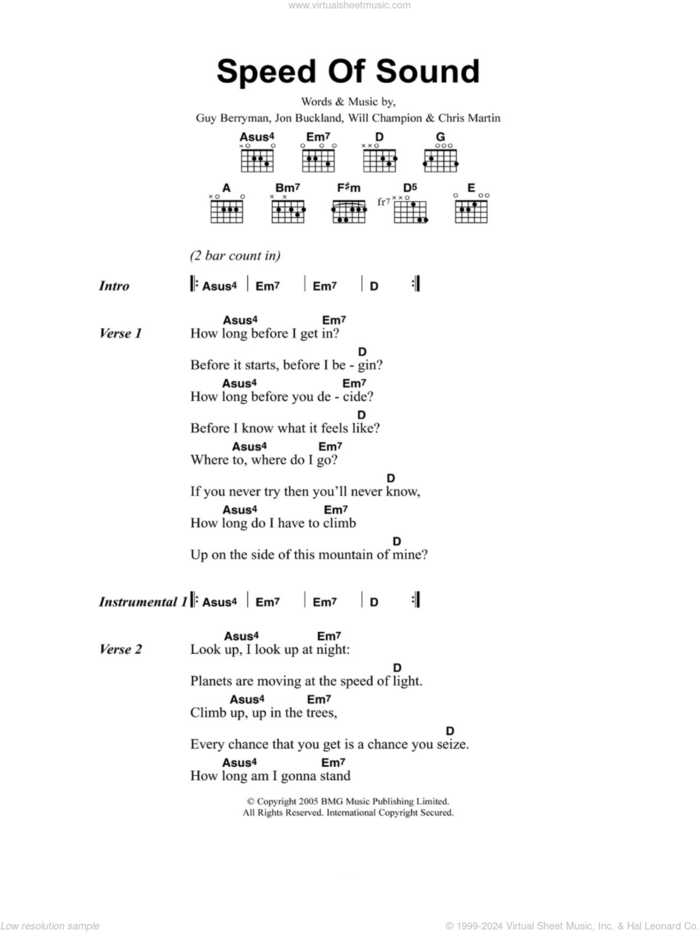 Speed Of Sound sheet music for guitar (chords) by Coldplay, Chris Martin, Guy Berryman, Jon Buckland and Will Champion, intermediate skill level