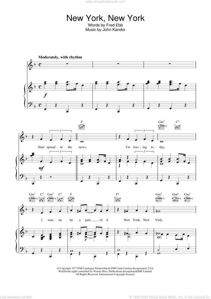 New York, New York sheet music for voice, piano or guitar by Frank Sinatra, intermediate skill level