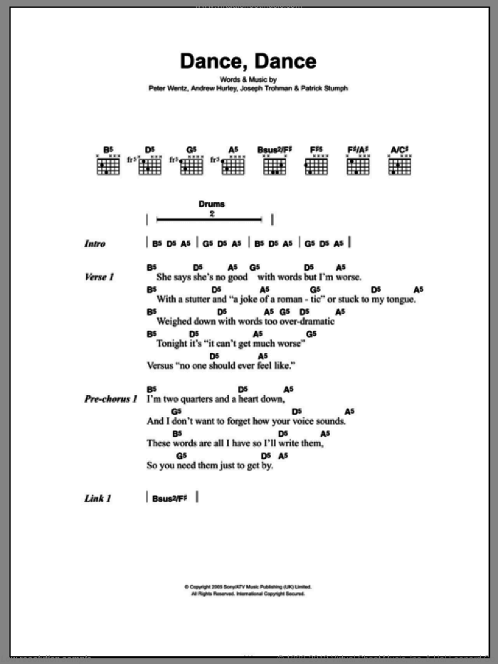 Dance, Dance sheet music for guitar (chords) by Fall Out Boy, Andrew Hurley, Joseph Trohman, Patrick Stumph and Peter Wentz, intermediate skill level