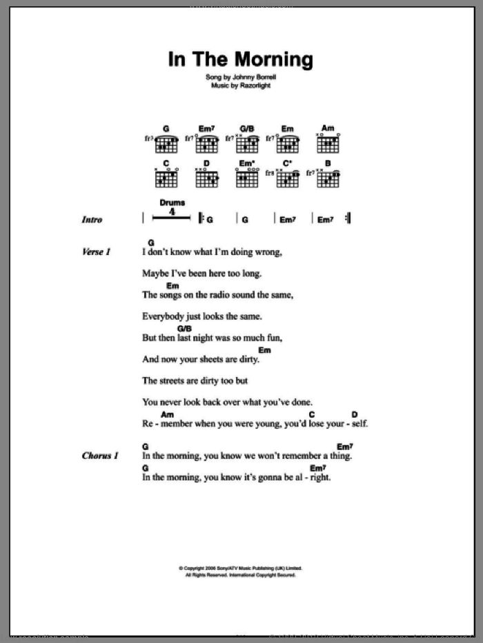 In The Morning sheet music for guitar (chords) by Razorlight and Johnny Borrell, intermediate skill level