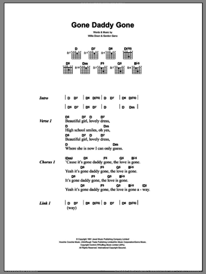 Gone Daddy Gone sheet music for guitar (chords) by Gnarls Barkley, Gordon Gano and Willie Dixon, intermediate skill level