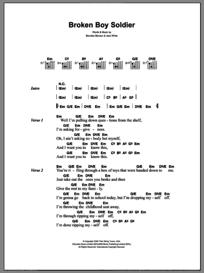 Broken Boy Soldier sheet music for guitar (chords) by The Raconteurs, Brendan Benson and Jack White, intermediate skill level