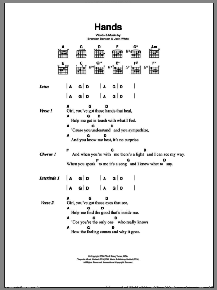 Hands sheet music for guitar (chords) by The Raconteurs, Brendan Benson and Jack White, intermediate skill level