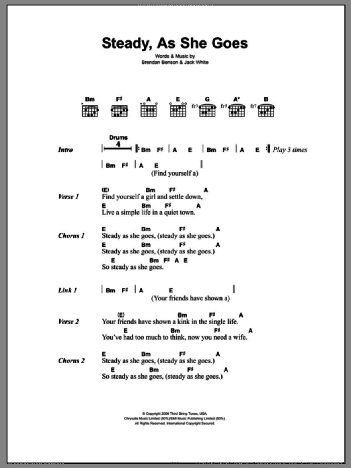 Steady, As She Goes sheet music for guitar (chords) by The Raconteurs, Brendan Benson and Jack White, intermediate skill level