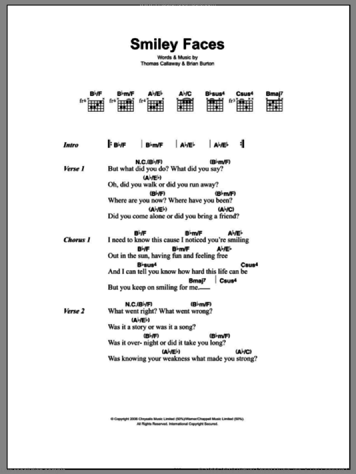 Smiley Faces sheet music for guitar (chords) by Gnarls Barkley, Brian Burton and Thomas Callaway, intermediate skill level